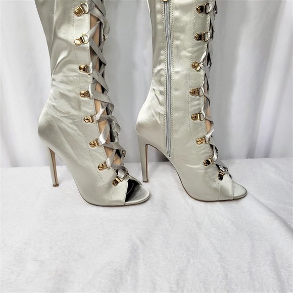 Cape Robbin Gray Lace-Up Peep Toe 4.5" Stiletto Thigh High Boots - Picture 4 of 8